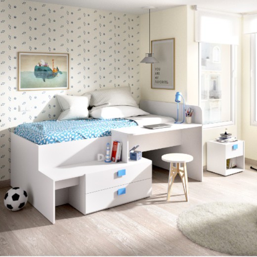 Chic compact bed with desk and 2 drawers