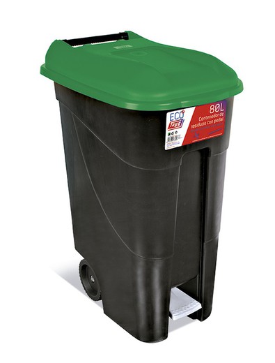 Container with pedal and wheels green lid of 80 liters of tayg