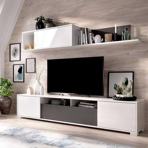 TV room with doors and wall shelf white gloss / graphite KEN