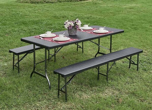 Set table with two folding benches or imitation rattan