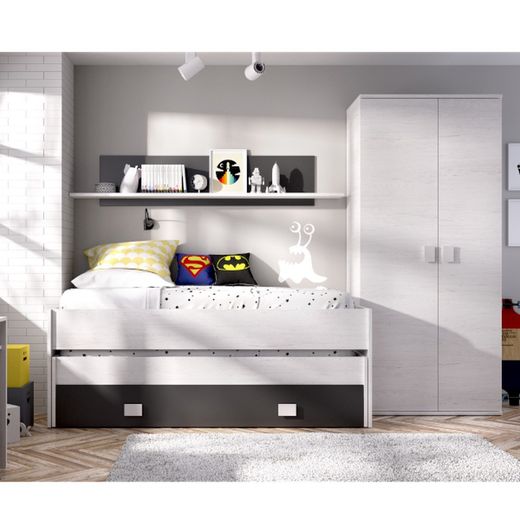 Cama compacto+cajón y estantería artic/grafito OCEAN