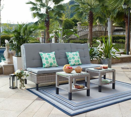 Rotan en stalen chaise longue en twee bijzettafels set C2-0245