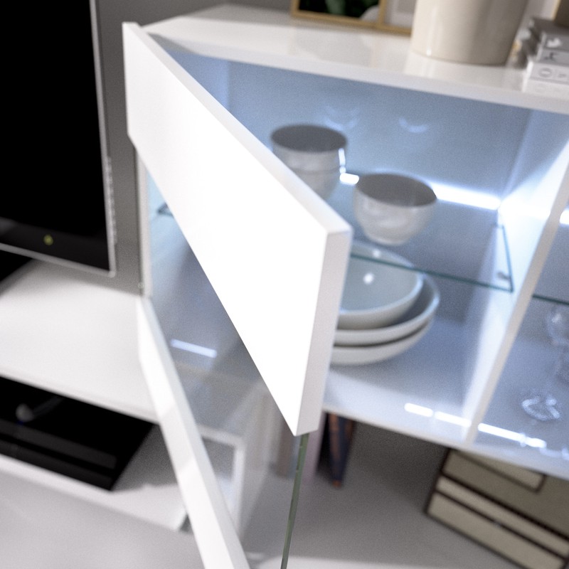 Mueble Salón para TV con Vitrina y Leds Modelo Lisboa Blanco